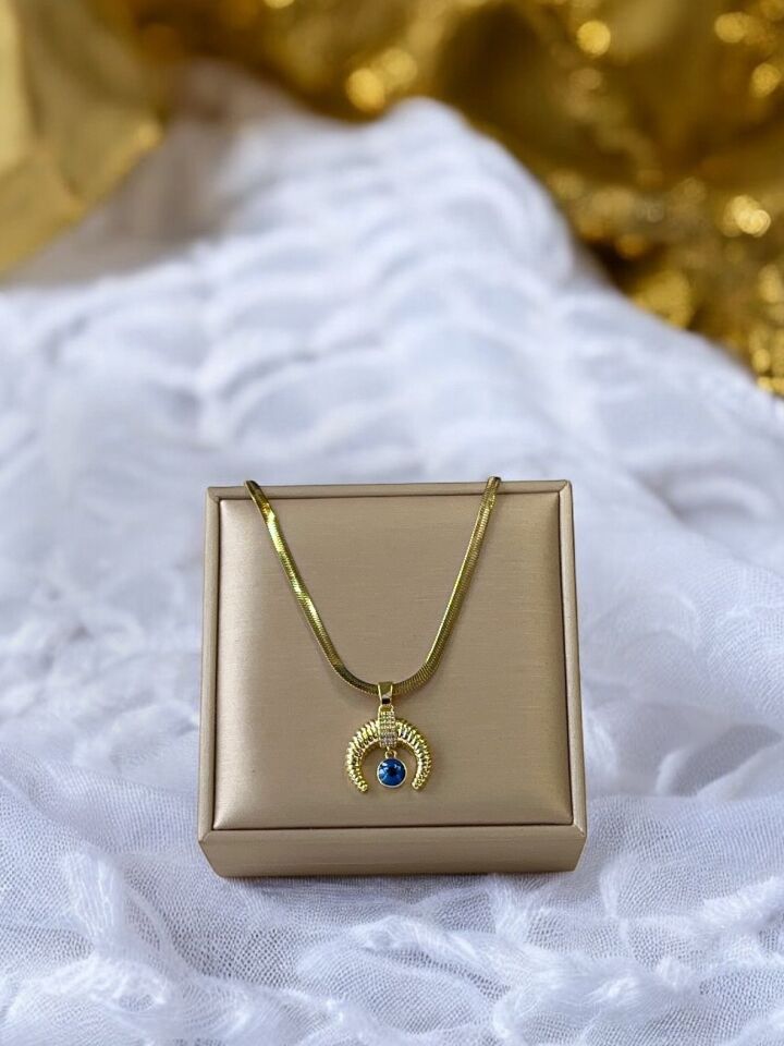 MaviTaşlı İtalyan Zincir Gold Kararmaz Çelik Kadın Kolye