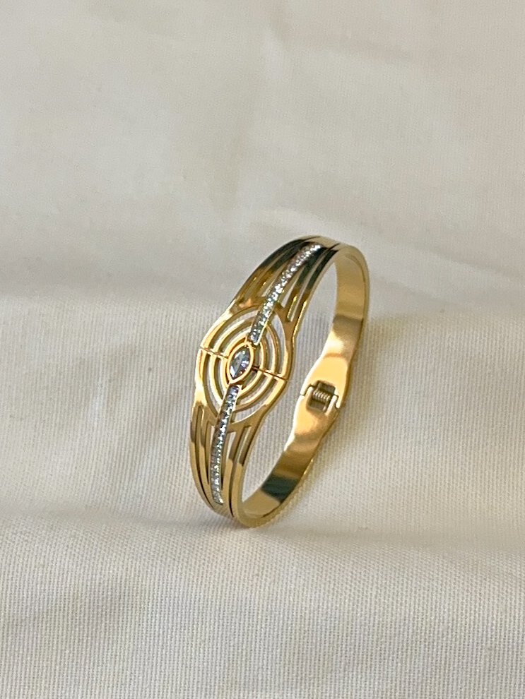 Gold Taşlı Çelik Kelepçe Bileklik