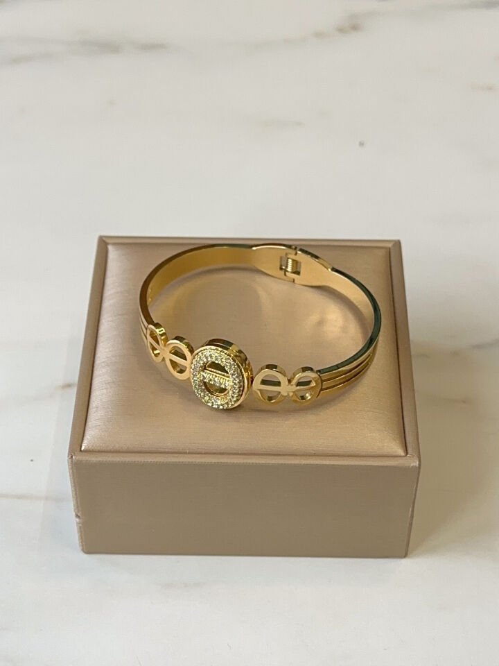 Gold Taşlı Çelik Kelepçe Bileklik