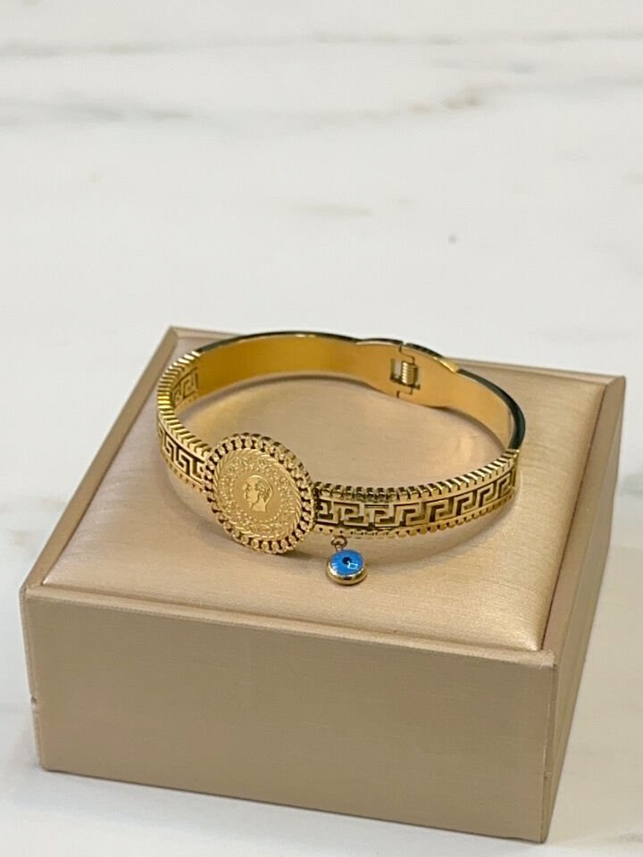 Gold Çeyrekli Çelik Kelepçe Bileklik