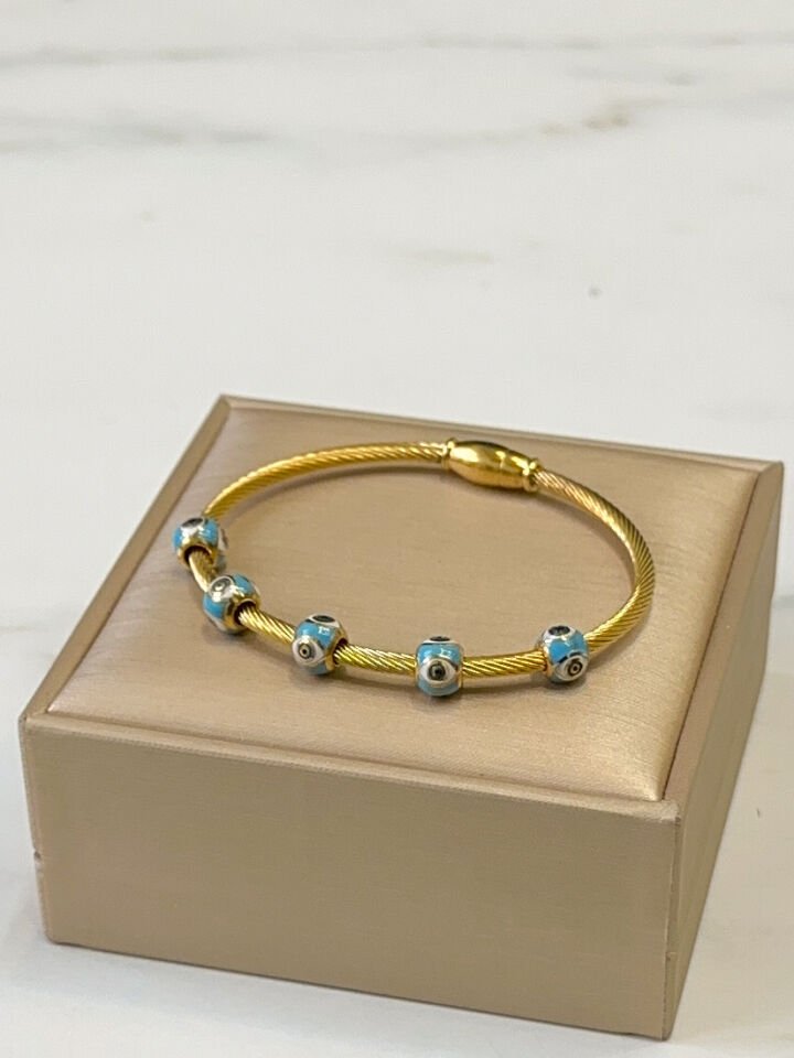 Kadın Nazar Boncuk Çelik Kelepçe Bileklik Gold