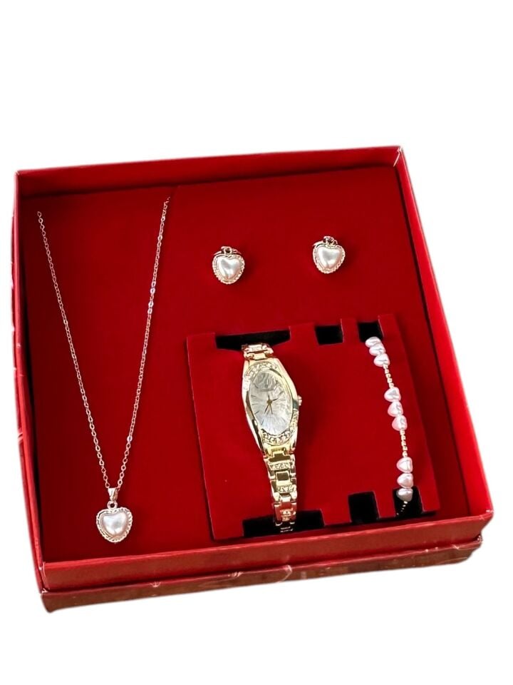 Gold Metal Kordon Kalpli Kadın Saat Seti