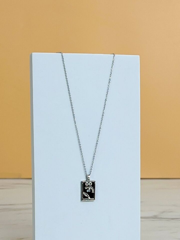 Gri Tarot Kararmaz Çelik Kadın Kolye baskılı krem