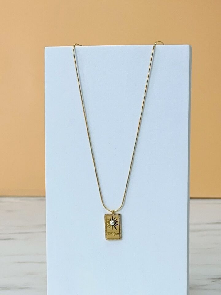 Gold Tarot Kararmaz Çelik Kadın Kolye BASKILI GRİ