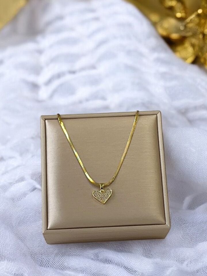 Kalpli Taşlı İtalyan Zincir Gold Kararmaz Çelik Kadın Kolye